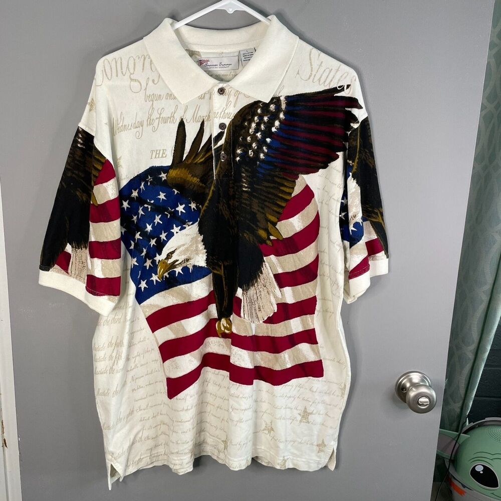 American Summer Clothing Co Mens L Short Sleeve USA Flag Eagle Polo Shirt *READ*